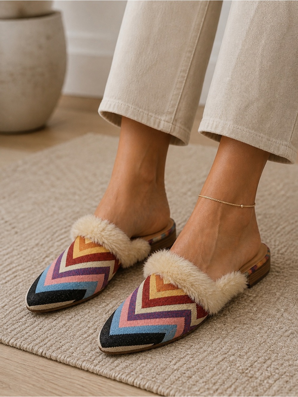 Universal Thread Multicolor Chevron Faux-Fur Slip-On Mules